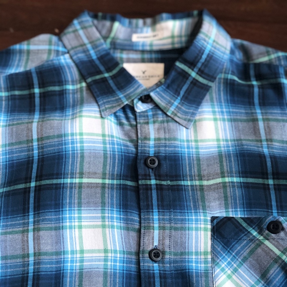 American Eagle Men's Plaid Button Down Shirt Blue Flannel Look Classic Fit Sz XL